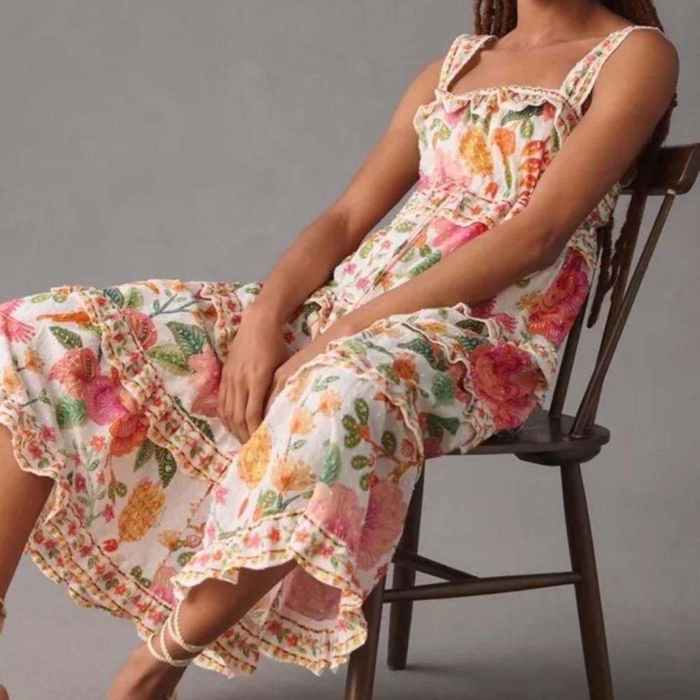 Anthropologie Farm Rio Square Neck Tiered Ruffle Dress Floral Birds - Picture 4 of 6